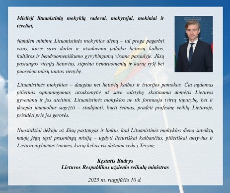 LR užsienio reikalų ministro K. Budrio sveikinimas Lituanistinės mokyklos dienos proga